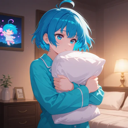 deep contrast, luminous lighting, cinematic ambiance, best quality, colorful, masterpiece, detailed_background, ethereal glow, 
<lora:sk-alchemist-v2-09:0.7> sk-aellie, 1girl, blue hair, (young), blue eyes, upper body, bedroom, pajamas, holding pillow,