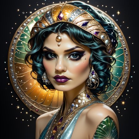 core_9, score_8_up, score_7_up,  <lora:Art_DecoPony:1> ArsMJStyle, Art Deco, A striking Art Deco-style portrait of a Movie Star, performing at the Folies Bergère in Paris, her sequined costume and feathered headdress rendered in bold, geometric shapes against a backdrop of stylized palm leaves and spotlights.