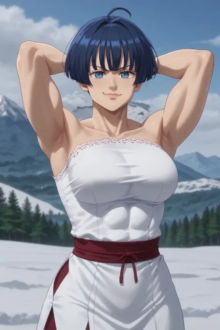 score_9, score_8_up, score_7_up, source_anime, rating_safe, , (realistic:0.6), , , 1girl, solo, <lora:gawain_nnt_mny_pony:0.98>, gawain_nnt_mny, blue hair, blue eyes, short hair, bangs, muscular female, straight-on, snowy mountain, dark, arms up, smirk, korean clothes, <lora:sdxl_lightning_8step_lora:1>