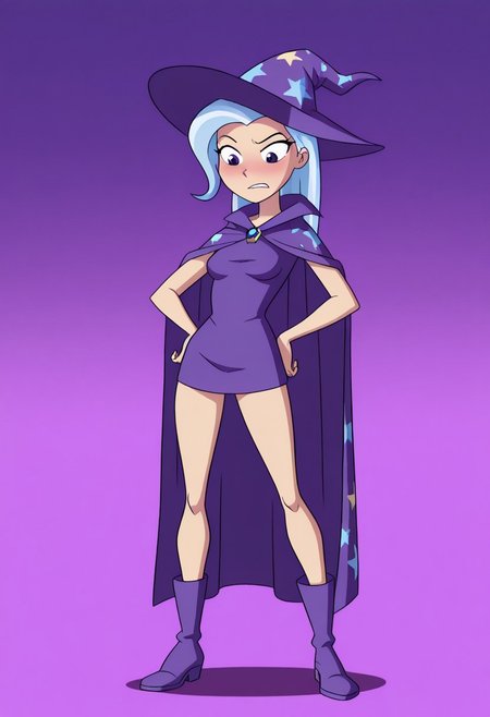 masterpiece,best quality,amazing quality, source_anime, full body shot, 1girl, solo, TrixieHuman, TrixHat, TrixCloak, standing,