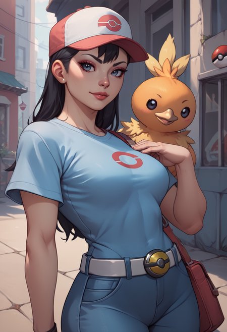 score_9, score_8_up, score_7_up, score_6_up, score_5_up, score_4_up, <lora:chunliSDXL:1> chunliSDXL, cap, good hands, torchic on shoulders, pokeball at belt, black hair, makeup, <lora:torchic_pony_v1:1>,