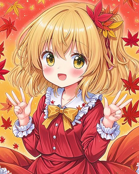 aki shizuha,1girl, sample_watermark, solo, open_mouth, traditional_media, :d, red_ribbon, long_sleeves, looking_at_viewer, leaf_hair_ornament, hair_ribbon, red_dress, marker_\(medium\), fang, cowboy_shot, frilled_shirt_collar, autumn_leaves, leaf_print, yellow_bowtie, frilled_sleeves, frilled_dress, blush, maple_leaf, hands_up, print_dress
<lora:aki_shizuha_image1876_2023-12-14:1>,star-shaped_pupils,symbol-shaped_pupils,. gorgeous,key visual, vibrant, studio anime,award-winning, professional, highly detailed,high budget, cinemascope
