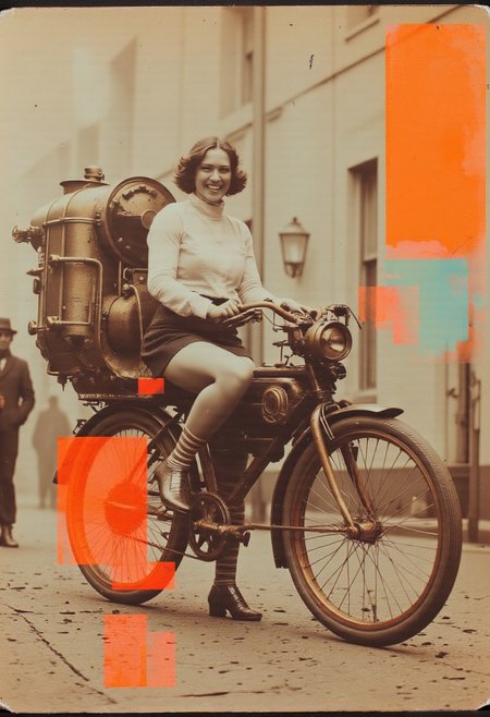 A vintage photograph captures a beautifully crafted steampunk bicycle with an intricate mechanical design. The bicycle features an elaborate network of brass pipes, exposed gears, and riveted metal plates. A large boiler-like contraption is mounted on the rear, releasing soft plumes of water vapor into the air. The wheels have reinforced spokes with decorative brass details, and the handlebars are adorned with intricate levers and gauges. Every bolt and screw on the frame adds to the industrial aesthetic, giving the vehicle a handcrafted, almost fantastical appearance.Beside the bicycle, a woman stands laughing at the camera, exuding charm and confidence. She wears striped stockings, a short corduroy skirt, and a blouse with delicate lace details. Her hair is styled in an elegant 1920s fashion, complete with soft curls framing her face. Her joyful expression adds a sense of spontaneity to the scene, as if she has just stepped out of a time-traveling adventure.The photograph itself has an aged, worn quality. However, scattered throughout the image are striking, glitch-like geometric shapes in neon orange. These shapes do not appear as artificial overlays but rather as if they are part of the environment—floating, melting into the light, and subtly distorting the space around them. They resemble fractured, otherworldly patterns, seamlessly blending with the mechanical elements of the scene, creating an uncanny fusion of past and future. dmpfm07, neon-mist