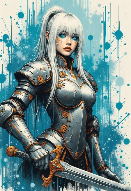 splash art masterpiece painting depicting a stunning female knight, trophy-adorned silver armour, no helmet, glowing blue eyes, white hair, bangs, blue eyeshadow, thin red lips,  holding huge sword, dynamic pose, paint splashes, mad-cbrpnksplshrt,