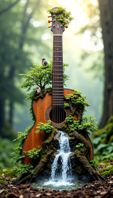 "A surreal composition of an acoustic guitar reimagined as a living ecosystem, with miniature trees sprouting from its body and crystalline waterfalls pouring out of its soundhole. Birds, detailed to perfection, flit around the guitar, some resting on the headstock and strings. The sunlight streaming through the misty forest backdrop adds an enchanting glow to the scene, illuminating every intricate detail of the cracked wood, lush greenery, and glimmering water, blending the elements of nature and music into a single poetic image."
 <lora:FluxDFaeTasticDetails:0.2> <lora:aidmaHyperrealism-FLUX-v0.3:0.8>