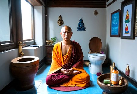 breathtaking (otherworldly),highly insanely detailed,masterpiece,top quality,best quality,highres,4k,8k,RAW photo,(beautiful and aesthetic), Buddha, monk, Silhouettes of dazzling,rich colors,<lora:add_detail:0.7>,(mewkledreamy:1.1), . award-winning, professional, highly detailed, meditating, easynegative, ruanyi0181,indoors,toilet, Buddha, monk, DeepNegative_xl_v1