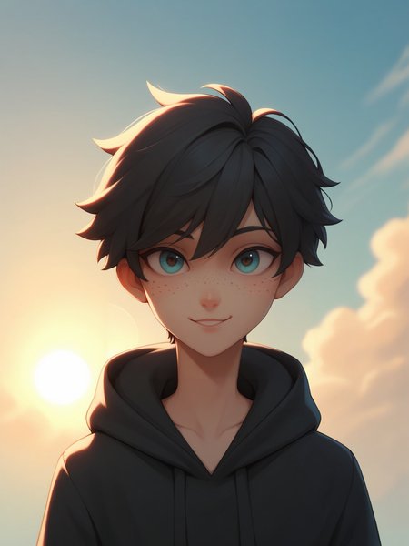 score_9,score_8_up,score_7_up, soberb boy, confident light smile, pale skin, black hair, freckles, cute petite sexy, black hoodie coat, flerting, cloudy blue sky background, lens flare, sun lighting
<lora:detailed_hands:1>