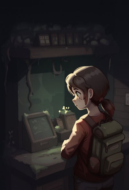 j4nk1style,   masterpiece, best quality, solo, ellie\(the last of us\), green eyes, ponytail, freckles, store, moss, vines, backpack,,  red shirt, aisles, dark, counter, register