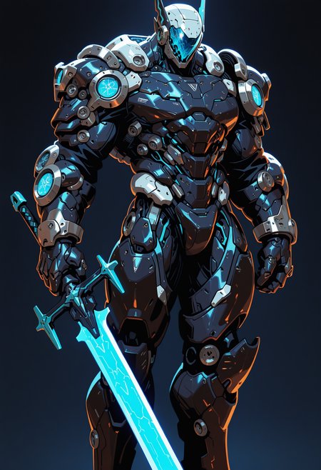 masterpiece, best quality, amazing quality, intricate detail, highly detailed,
 <lora:ArmorPunkILLUSTRIOUS:1> arm0rpunkv4
1boy, man, mechanical armor, solo, robot, standing, simple background, armor, holding sword, shoulder armor, gauntlets, full armor, Electric Blue and Midnight Blue,