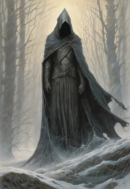hidden face, mysterious, hooded, full body, dark enigmatic warrior, standing, storm of falling shards, tattered cloak that billows in the wind, art by Wayne Barlowe