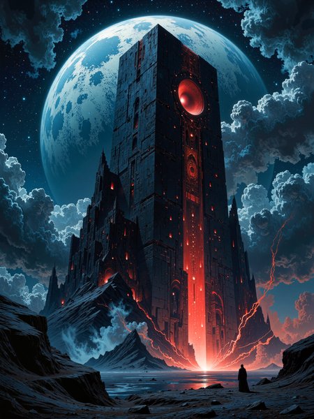 famous artwork, dramatic and epic landscape at night, hyper-realistic, highly aesthetic, ultra-high-resolution, 8k, 4k, dim lighting, symmetry, dark science fantasy with cosmic horror elements, an ominous alien world beneath a vast night sky, dominated by an impossibly tall, obsidian-black monolith that rises from the fractured terrain like a forgotten relic of a dead civilization, the colossal tower is embedded with glowing crimson circuitry and glyphs, its structure monolithic yet impossibly intricate, as if built by a forgotten intelligence beyond human comprehension, the background features a massive planet or moon looming impossibly close, its pale blue surface covered in craters and cloud veils, casting a cold glow over the entire landscape, the sky is thick with dense storm clouds and glittering stars, suggesting a liminal space between dimensions, at the base of the tower, a radiant red fissure spills molten light across the land, splitting the rocky ground and sending jagged arcs of energy outward like a catastrophic awakening, distant spires pierce the skyline, carved from the same dark material, echoing the tower's brutal geometry, in the foreground, a lone figure in a dark cloak stands on the barren shore of a blackened lake, dwarfed by the scale of the structure and bathed in the ominous red glow, suggesting pilgrimage, confrontation, or cosmic revelation, shot from a wide-angle, low perspective that emphasizes the crushing verticality of the tower and the overwhelming scale of the planetary body overhead, the composition guides the eye upward in a spiraling visual journey from the glowing fissure to the stars, moody directional lighting with cold ambient tones and a harsh crimson core, atmospheric haze and dust particles catch the light from the eruption below, enhancing the surreal sense of scale and depth, shot on full-frame digital with post-processed cinematic color grading, deep blacks and saturated reds balanced against cool blues, slight chromatic aberration and lens bloom to accentuate the alien glow, stylized as high-concept promotional art for a psychological science fantasy epic, ovg, artilands02, <lora:style-dark_landscapes-flux-by_andreac75:0.44> <lora:style-fantastic_landscapes-v2-flux-by_artifyai:0.56>