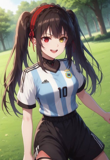 score_9, score_8_up, score_7_up, masterpiece, best quality,  BREAK 1girl, solo, MiavtSDXL,

kurumi tokisaki, black hair, ((red eyes,  yellow eyes, heterochromia)), long hair,hairband  twintails, , argentina soccer uniform, black shorts, outdoors, smile, standing, dynamic pose, dutch angle)) , open mouth, 