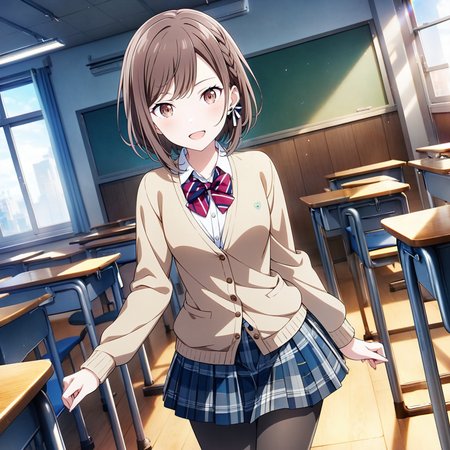 1girl, shinonome ena, project sekai, solo, masterpiece, very aesthetic, absurdres, official art,
kamikou blazer, solo, brown hair, short hair, braid, brown eyes, bangs,
(looking at viewer:1.2), :D, cowboy shot, contrapposto, dutch angle,  BREAK
light brown cardigan, (buttoned cardigan:1.2), white shirt, plaid skirt, red diagonal-striped bowtie, black pantyhose,
indoors, school classroom, day, sun light, beautiful blue sky, chair, desk,
<lora:sdxl-vbs-SeifukuAn03:0.4:lbw=0,0,0.2,0.2,0,0.4,0.4,0,0.8,0.8,0,0,0,0.8,0.8,0.6,0.8,0.0,0.0,0.0,0,0,0,0,0,0>