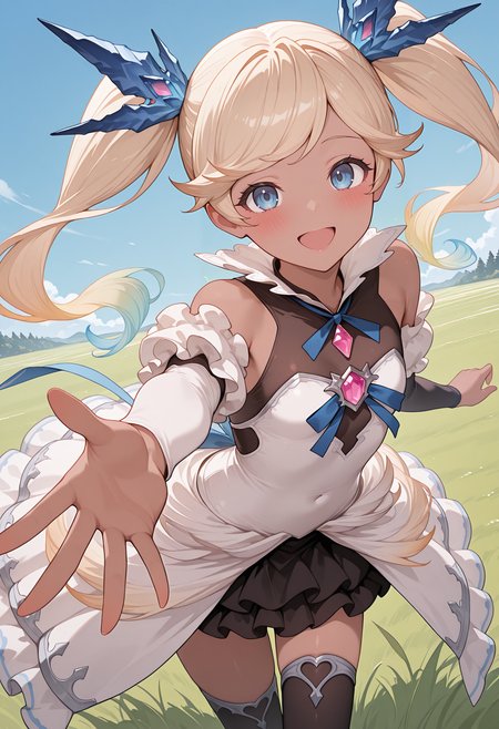 highres, best quality, masterpiece, outdoors, blue sky, grass, 
1girl, solo, gbftio, blonde hair, gradient hair, twintails, dark-skinned female, blue eyes,
iogbgnd, hair ornament, white dress, strapless dress, black shirt, sleeveless shirt, detached collar, frilled collar, blue ribbon, pink gemstone, detached sleeves, black skirt, frilled skirt, layered skirt, black thighhighs,
looking at viewer, blush, smile, open mouth,  
outstretched arm, open hand, 
<lora:_io_gbf-elesico-ilxl-000014:1>