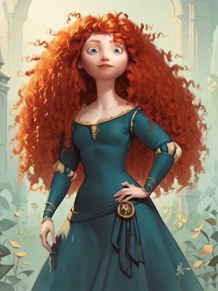 score_9, score_8_up, score_7_up, score_6_up, score_5_up,   <lora:meridaXLP:1> merida, 1girl, long hair, solo, curly hair, blue eyes, red hair, freckles, dress, curvy,