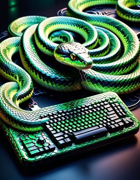 "A surreal snake-scale keyboard, each key a living, undulating snake scale, tactile and slightly organic, mystical glowing inscriptions forming philosophical phrases, cyberpunk aesthetic with biotechnological undertones, intricate mechanisms blending robotics and nature, dark and mysterious lighting, emotional resonance of wonder and unease, intricate detailing, hyperrealistic textures." <lora:SDXLFaeTastic2400:0.4> <lora:extremely_detailed:0.4> extremely detailed, <lora:sn4ke:1>,sn4ke, Masterpiece,best quality,hi res,8k,hi res,8k,award winning,(sharp focus, intricate, highly detailed),