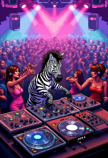 <lora:KFT_2d_Pixel_Style_FLUX-000017:1>
The image is a vibrant kftpxl pixel art illustration featuring    A zebra DJing at a lively club with colorful lights and a crowd dancing.