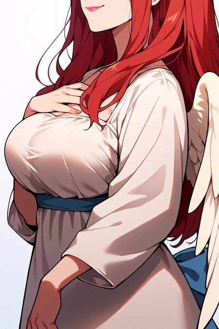 score_9, score_8_up, score_7_up, score_6_up, source_anime, 1girl, solo <lora:renanakano-pdxl-nvwls-v1-000004:1> 5hrn, red hair, long hair, blue eyes, pink lipstick, white sundress, large breasts, angel wings, bloom, white background, head out of frame, smile, hands on own chest, looking at you, profile