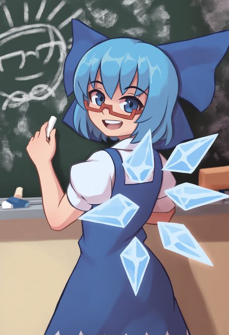 cirno, 1girl, bespectacled, blue bow, blue dress, blue eyes, blue hair, bow, chalk, chalkboard, dress, from behind, glasses, hair bow, ice, ice wings, looking at viewer, looking back, open mouth, red-framed eyewear, semi-rimless eyewear, short hair, short sleeves, smile, solo, teeth, under-rim eyewear, upper teeth only, wings
, masterpiece, best quality, good quality,
<lora:duhota_noob_vpred-1.0_edm2_v1:1>