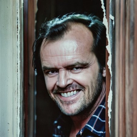 cinematic film still of  <lora:perfection style:0.5> <lora:detailed:0.5> perfection detailed
 <lora:The Shining film style:1>
Jack Torrance In the 1980's in the Colorado Rocky Mountains a man with a beard and a shirt is looking through a broken door with a creepy smile,solo,open mouth,1boy,male focus,teeth,facial hair,portrait,meme,realistic,mustache,stubble,wrinkled skin , cinematic, film, kodak, The Shining film style, here's johnny style, shallow depth of field, vignette, highly detailed, high budget, bokeh, cinemascope, moody, epic, gorgeous, film grain, grainy