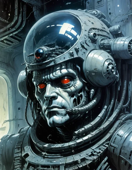"Close-up, front-facing view of a scavenger, his face reflecting horror, within the chilling confines of a derelict space station. Sharp contrasts, lavishly intricate, drawing from H.R. Giger", surrealism, weird and pissed off, oil on canvas, dry brush, <lora:John Berkey Style:0.9>, John Berkey Style