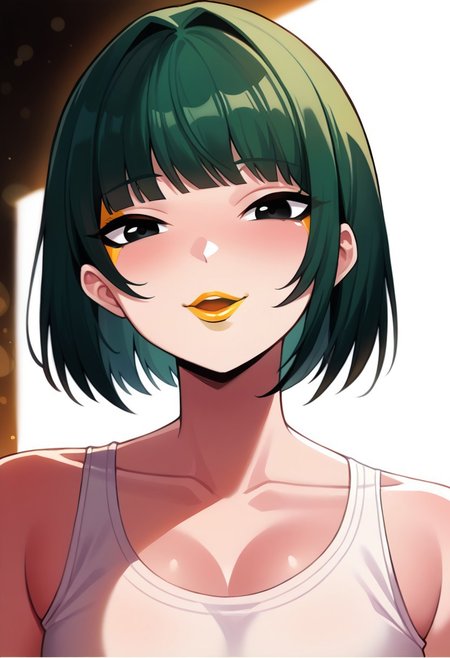 score_9, score_8_up, score_7_up, score_6_up, solo RAW photo, Bo Wei Style, source_anime, lineart, volumetric lighting, natural, close up shot, bokeh, (Masterpiece, Best Quality, Highres:1.2), best quality, absurdres, Cinematic Lighting,
BREAK 
<('1girl': ('young'+'green hair'+'carefree'+'bob cut'+'bangs'+'white tank top'+'eyeliner'+black eyes+'orange lipstick'),
((korean))))>,