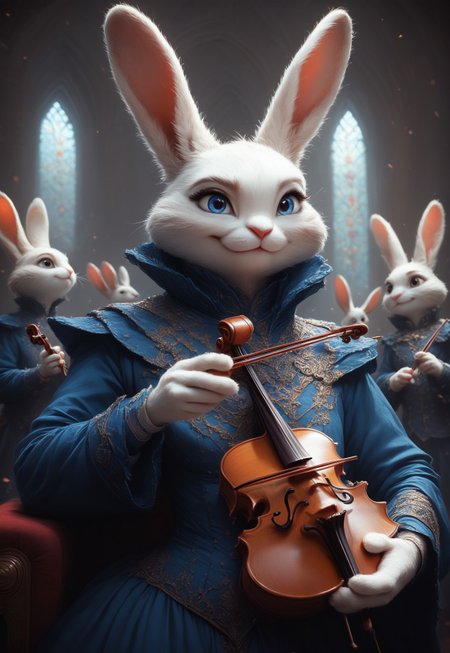 FF Realistic Portrait, kftenhance, Score_9, Score_8, Score_7,  1girl, rabbit, furry, white fur, rabbit ears, musician, dark blue outfit,  holding violin,  smiling, mansion interior  