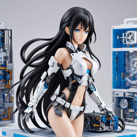 <lora:PVC:1>ï¼PVC figure,rendering,upper body,bared legs,
Masterpiece, illustration,8K wallpaper, super detailed,portrait,(full body),(dissection:1.5),(Disassemble:1.3)
(1 girl:1.5),(solo),(long black hair:1.4),(Machine structure body),ponytail, (Medium breasts),(Beautiful detailed blue eyes: 1.3),
(white background: 2), mecha,natural light, light tracing