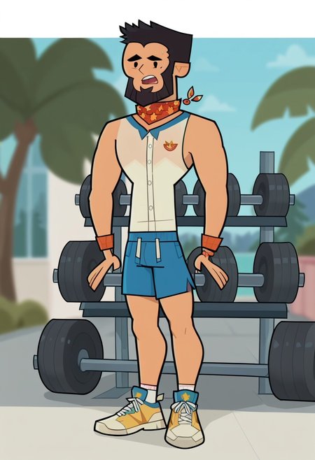 score_9, score_8_up, score_7_up, score_6_up, , flat color, FINN AGUDELO, 1boy, solo, nice skin, black hair, Black eyes, Black beard,  sleeveless shirt, shorts, sweatband, sneakers, tight clothing, outdoor, gym.