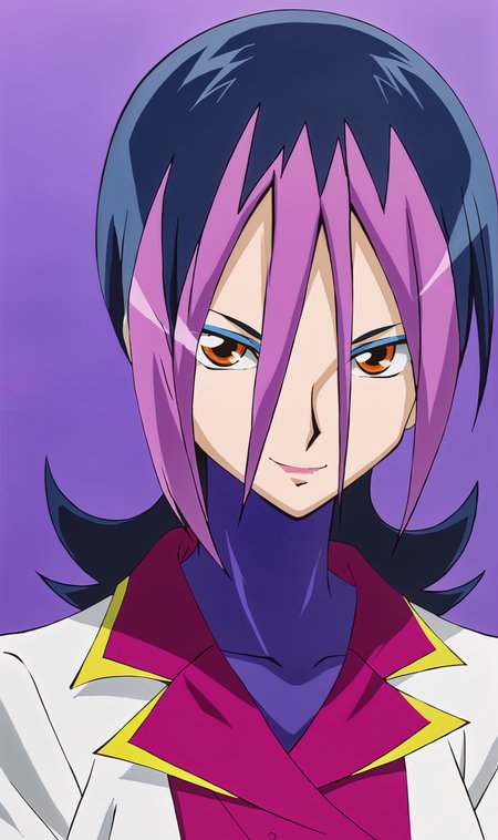 Dextra, 1girl, solo, multicolor hair, short hair, orange eyes, eyeshadow, lipstick, suit, purple neck, pink jacket, white blazer, portrait, looking at viewer, smile, simple background, purple background, anime coloring, <lora:Dextra Pony XL:1>
