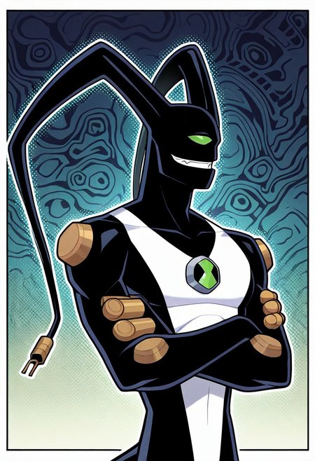 feedback, solo, smile, , tail, 1boy, no humans, green eye, single eye, , digimon (creature), black skin, , alien, masterpiece, best quality, amazing quality, very aesthetic, absurdres, newest, crossed arms, cables, , ((upper body, halftone effect, white borders, abstract background:1.2,))