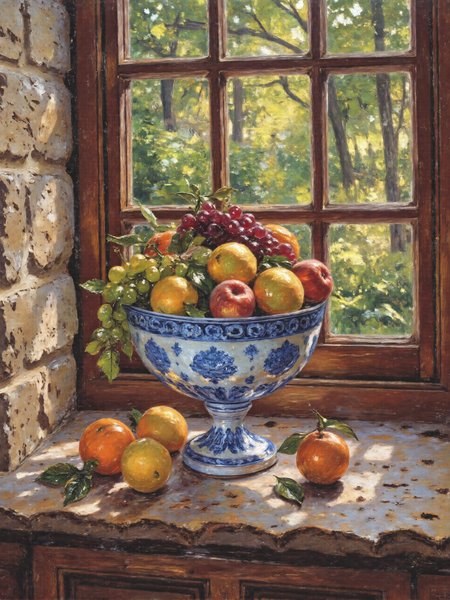 masterful impressionism oil painting, a serene still life featuring a breathtaking arrangement of fruits displayed in an ornate onion pattern porcelain bowl, the delicate white and cobalt blue designs of the bowl are rendered with expressive, flowing brushstrokes, capturing the intricate floral and lattice patterns of the porcelain, the bowl is filled with an abundant variety of fruits, including peaches, glistening green and red grapes, lemons, oranges, and pears. their vibrant colors complement the cool blue tones of the porcelain. the scene is set on a textured rough stone windowsill, with its rugged, weathered surface adding a rustic contrast to the refined elegance of the porcelain, through the window, a lush forest is visible, bathed in golden morning light, shafts of sunlight filter through the treetops, creating enhanced shimmering crepuscular rays that illuminate the fruits and porcelain, the dappled lighting casts intricate patterns of light and shadow across the bowl, the fruit, and the stone, intensifying the sense of depth and texture. the background is soft and impressionistic, with blurred strokes suggesting dense greenery beyond the window, the interplay of warm and cool tones is masterfully balanced, with the glowing yellows, oranges, and reds of the fruit harmonizing with the serene blues of the porcelain and the lush greens of the forest, subtle highlights and shadows accentuate the smooth curves of the fruit and the reflective glaze of the porcelain. the paintingâs composition is both tranquil and dynamic, capturing the fleeting beauty of sunlight dancing through the trees, the textural details of the stone windowsill and the fruits' peels are brought to life with lively, textured brushstrokes, creating a tactile, immersive scene that evokes warmth and timeless charm, golden ratio, highly aesthetic, visible brush strokes, impressioniststrokes, <lora:style-impressionist_strokes-flux-by_daalis:1.0>