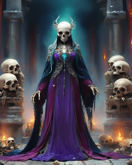 beautiful female lich standing in evil temple near a pile of skulls, raised dais, velvet robe, volumetric lighting, intense colors, <lora:add-detail-xl:1.0>,  <lora:xl_more_art-full_v1:0.4>,   <lora:XSfenlie:1> fenliexl,  <lora:lora:1>, realistic photo