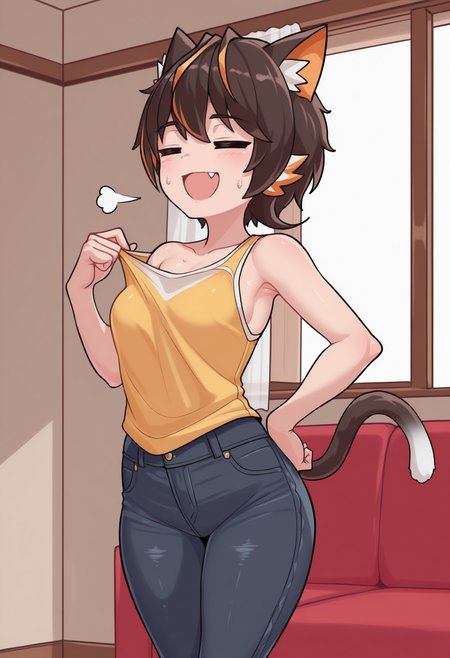 masterpiece, best quality, <break> solo, 1girl, ockua, cat tail, sweat, :d, fang, looking away, standing, hand on own hip, shirt pull, pulling own clothes, puff of air, short hair, streaked hair, brown hair, orange hair, cat ears, closed eyes, =_=, yellow tank top, jeans, bare shoulders, collarbone, indoors, living room, open window
<segment:yolo-Anzhc Face seg 640 v2 y8n.pt,0.4,0.5//cid=1>