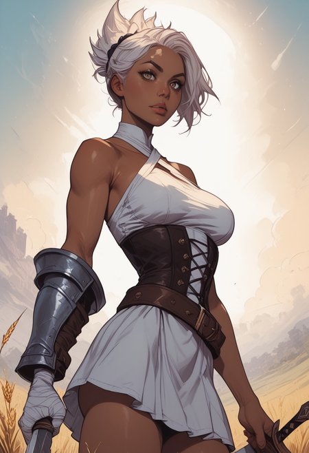 Safe_pos, Stable_Yogis_PDXL_Positives, (score_9, score_8_up, score_8), commix style, (((waist-up portrait))), ultra detailed, high resolution, high quality, masterpiece, intricate details, intricate body, intricate landscape, knva, Expressiveh, Jed-Spl4sh,
BREAK
((Wheat Field)), source_cartoon, ((1girl, solo)), (((Rvn, ogskn, short hair, tucked ponytail, single white face marking, dress, white criss-cross halter, single pauldron, left bandaged arm, right arm single glove, corset, belt, skirt, single greaves, boots, asymmetrical clothes))), (((sword, huge weapon, broken weapon))), ((Full Lips, Delicate and Smooth Skin, Tanned, Perfect Body, Toned, Sexy Body, Highly Detailed, Perfect Breasts, Perfect Ass, Tiny Waist, Bubble butt, curvy body)), ((Toned)), ((Tanned Skin)), (hourglass body shape, wide hips, biceps)), Beautiful, Attractive, (Long Hair, Shiny Hair),
BREAK 
Fantasy, Medieval, ((Extremely Detailed Face and Eyes)), Looking at Viewer, (Flirty), Soft Lighting, Warm Lighting, Unique Angle, Unique Perspective, Dramatic Angle, Front Shot, ((Sexy Pose)),