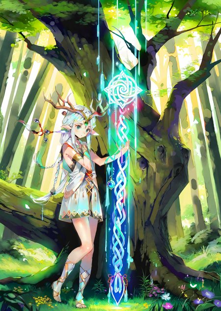 by dsmile9, , by yogisya
1girl 
extremely beautiful detailed piercing eyes,
1 female druid healing animals in forest. glowing particles, celtic knot, mythical
masterpiece, best quality, high quality, highres, absurdres, very detailed, high resolution, sharp, sharp image, 8k, vivid, colorful, stunning, anime,   aesthetic
