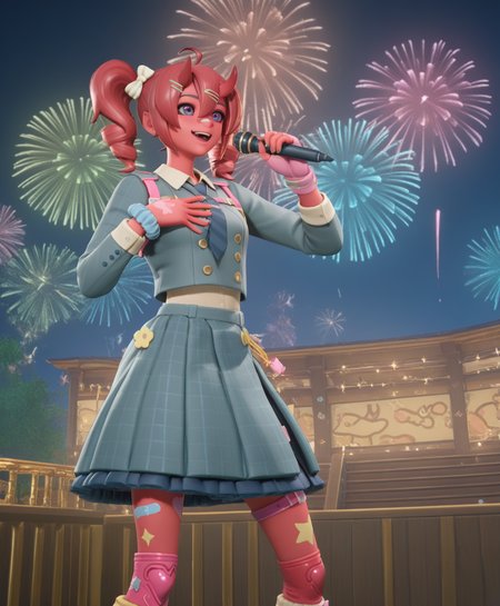 highly detailed, (upper body:1.3), (singing on stage, concert hall, night, fireworks, holding microphone, detailed background, hand on own chest, singing:1.5), (fortnite_nemia:1.6), 1girl, solo, green hair, twintails, ponytail, long hair, bangs, hair between eyes, hair over one eye, ears, horns, oni horns, single horn, red skin, pink skin, blue eyes, parted lips, bandaid, bandaid on nose, bandaid on thighs, colored skin, hair ornament, hairclip, scrunchie, kasane teto, boots, bow, buttons, cross-laced footwear, double-breasted, drill hair, frilled skirt, frills, grey jacket, grey skirt, hair bow, jacket, lace-up boots, layered skirt, long sleeves, multicolored hair, red hair, red nails, shirt, skirt, sleeve cuffs, smile, twin drills, white bow, white hair, <lora:Fortnite_Nemia_Demonically_Cute_Set_ILXL_E29_16_DIM:1>