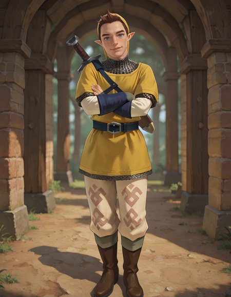 masterpiece, best quality, newest, perfect quality, best quality, detailed background, intricate details, male focus, realistic, <lora:Pipit - Zelda Skyward Sword - Illustrious-000006:0.8> ss_pipit, 1boy, mature male, pointy ears, brown hair, short hair, blue eyes, freckles, yellow hat, yellow tunic, chainmail undershirt, blue fingerless gloves, belt, pants, boots, head tilt, looking at viewer, crossed arms, scabbard
