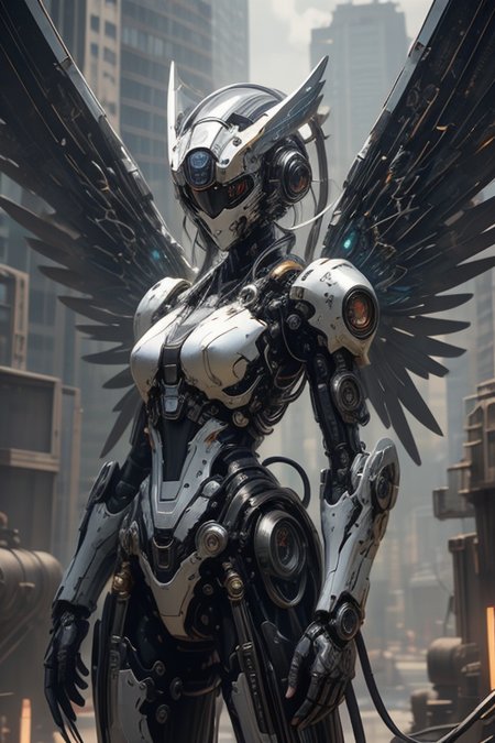 masterpiece,best quality,absurdres,high details,8K,photorealistic,at distance,cowboy shot,1girl,<lora:wrenchsmechs:0.7>,wrenchsmechs,glowing,mecha,halo,mechanical wings,<lora:Concept_-_Hella-sthetic_v2:0.7>,