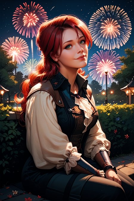score_9, score_8_up, score_7_up, score_6_up
<lora:ACUElise:0.9>
ACUElise, 1girl, red hair, long hair, green eyes, looking at viewer, sitting, at night, fireworks, park, looking up, smile