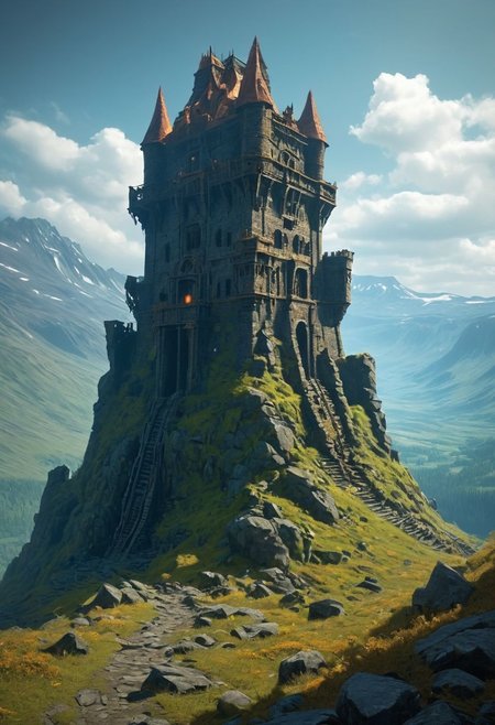 <lora:TheWeirdies_epoch_10:0.78>  
score_9, score_8_up, score_7_up, score_6_up
Durlag's Tower was a large tower that was said to be haunted by a powerful entity, as well as one that housed immeasurable treasure. The fortress was located south of the Wood of Sharp Teeth, a couple of miles from the small settlement of Gullykin. The tower was built entirely of volcanic stone and was in fair condition given the amount of time and neglect involved. It laid atop a volcanic plug that dominated the surrounding lands. Durlag Trollkiller, aided by hired dwarves, was said to have hollowed out the mountain for the rock that made up his tower and used the space created to hide further treasure. This local landmark was the isolated keep of Durlag Trollkiller, son of Bolhur the Clanless, a dwarven hero said to have amassed a large quantity of treasure and stored it here and in a few other locations. This treasure was protected by all manner of magical wards and mechanical traps, the latter of Durlag's own devising. Many adventurers sought his treasure over the decades, with varying degrees of success. The tower comprises a ground floor, three additional upper floors, and even more underground levels.
no humans,
((Durlag's Tower, large tower, haunted, fortress, dark woods surround, built of volcanic stone, mountain, dark))
<lora:add-detail-xl:1>