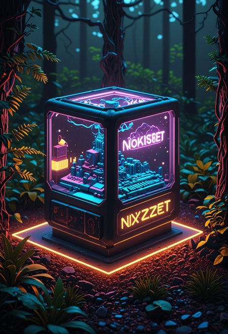 cinematic film still of (tiny and cute isometric scene of nxzskzt, neon, 3d, octane render, neon lighting, neon theme, 3d scene), Forestpunk aesthetic, iridescent colors, stunning background. dark and moody, a mesmerizing blend of light and shadow. masterpiece, absurdres, intricate details <lora:Midjourney_Isometric:0.8>, shallow depth of field, vignette, highly detailed, high budget, bokeh, cinemascope, moody, epic, gorgeous, film grain, grainy