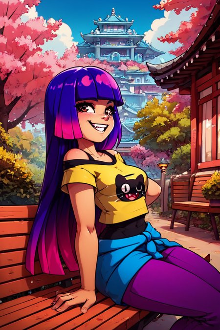 score_9, score_8_up, score_8, medium breasts, (curvy), cute, eyelashes,       BREAK, ,  ,,, zzMiko, long hair, purple hair, blunt bangs, multicolored hair, yellow shirt, short sleeves, t-shirt, print shirt, off shoulder, animal print, jewelry, purple pants, blue jacket around waist,  <lora:MikoKubota_PDXL_v2:1.0>,  ,,,  , BREAK, sitting on bench, side view, smile, looking at viewer, cowboy shot,  ,,, BREAK, pnkBldng, sky, day, cloud, tree, blue sky, building, architecture, east asian architecture,  ,,, BREAK, embedding:zPDXL, Expressiveh,  ,,, <lora:PinkBuildingsPDXL_v2:0.6>, <lora:SDXLFaeTastic2400:0.5>, <lora:Expressive_H-000001:0.4>