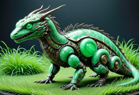 score_9, score_8_up, score_7_up, score_6_up,evi@decrepPunk, 1beast, jade lizzard, jade scales, android parts, made out of jade,  ornately decorated  in the green grass, no humans, dynamic lighting, dramatic and magical,