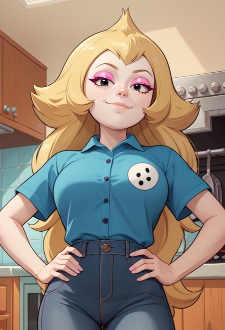 ((kitchen background)),score_9, score_8_up, score_7_up,score_6_up, 
1girl, Solo, Vidalia_SU, pale white skin, black eyes, blonde hair, long wavy hair, pink eyeshadow, blue formal shirt with logo in the center, blue-grey skinny jeans, high white boots, big eyes, tall stature, social smile, sexy face, close-up, cowboyshot, perfect eyes, perfect smile, looking at the viewer, big breasts, detailed eyes, perfect eyes, cute, standing, head on, hands on hips, front pose, low-angle view:1.3, front view