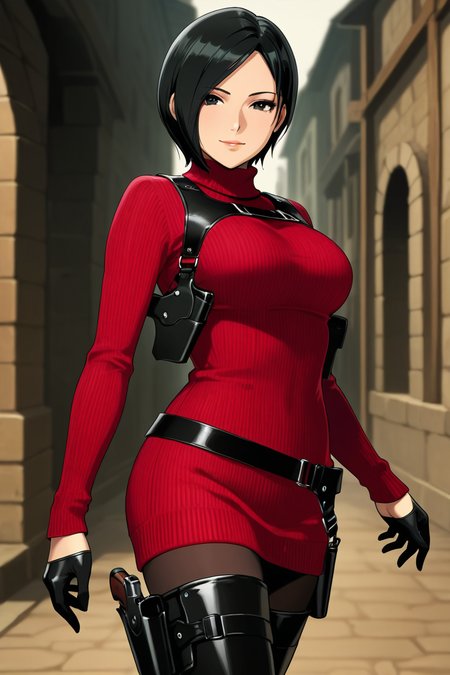 <lora:ada_wong_re_illus:0.7> ada wong, black hair, short hair, black eyes, large breasts, red sweater, turtleneck, chest harness, pantyhose, black gloves, half gloves, black belt, pistol holster, 1girl, solo, looking at viewer, smile, thighhighs, jewelry,  standing, weapon, boots, belt, black footwear, lips, gun, thigh boots, bob cut, high heel boots, sweater dress, thigh holster,  shoulder holster, black thighhighs, anime coloring, pistol holster on belt, medieval cities, more detail, cowboy shot, side view,