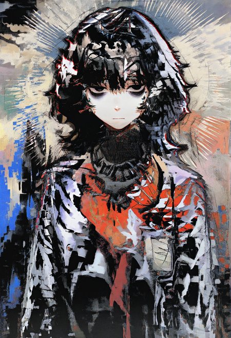 1girl, solo, black hair, black eyes, bangs, bags under eyes,
sunburst, upper body, looking at viewer, 
glitch, abstract, abstract background,
masterpiece, best quality, amazing quality, absurdres, newest, chromatic abberation,
<lora:hitboxsamurai:1>