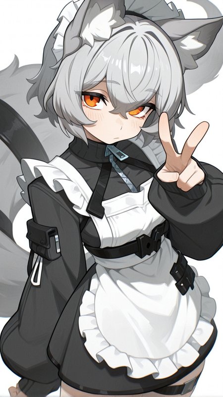 1girl, solo, looking_at_viewer, blush, short_hair, bangs, simple_background, long_sleeves, white_background, dress, animal_ears, hair_between_eyes, closed_mouth, jacket, tail, grey_hair, cowboy_shot, frills, puffy_sleeves, hand_up, apron, black_dress, orange_eyes, animal_ear_fluff, sleeves_past_wrists, maid, maid_headdress, v, thigh_strap, white_apron, maid_apron, zipper, frilled_apron