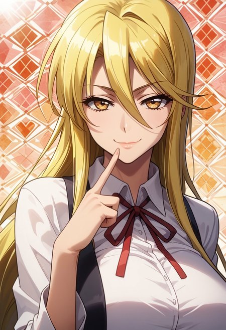 score_9, score_8_up, score_7_up, 1girl, solo, looking at viewer, anime coloring, upper body, close-up, portrait, 
<lora:Shizuka_Marikawa_Dwnsty:0.8>, shizuka_marikawa, blonde hair, yellow eyes, long hair, low-tied long hair, hair between eyes, sidelocks, white shirt, collared shirt, red ribbon, neck ribbon, black skirt, long skirt, pencil skirt, 
lips, huge breasts, light smile, mature female, finger to mouth, smirk, naughty face, 
sunlight, abstract background, argyle background, rainbow, heart, 
 <lora:Hotd_Artstyle_Dwnsty:0.7>