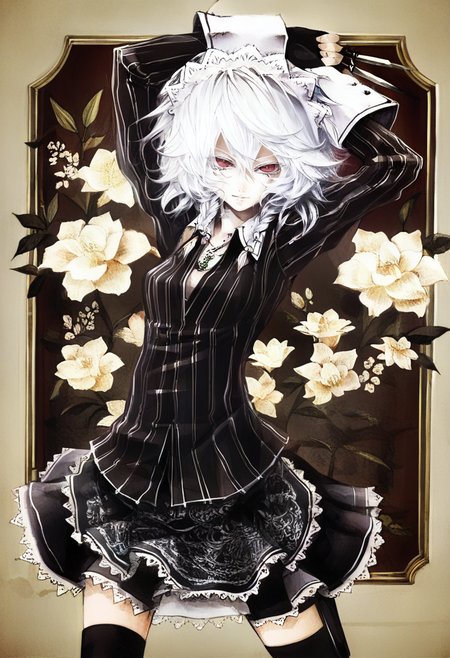 1girl, solo, izayoi sakuya, white hair, red eyes, knife, braid, flower, maid headdress, twin braids, fingerless gloves, thighhighs, skirt, gloves, short hair, black thighhighs, arms up, striped, looking at viewer, alternate costume, shirt, long sleeves <lora:banpaiAkiraOSXL_NBVP1_lokr_V6311P:0.95>